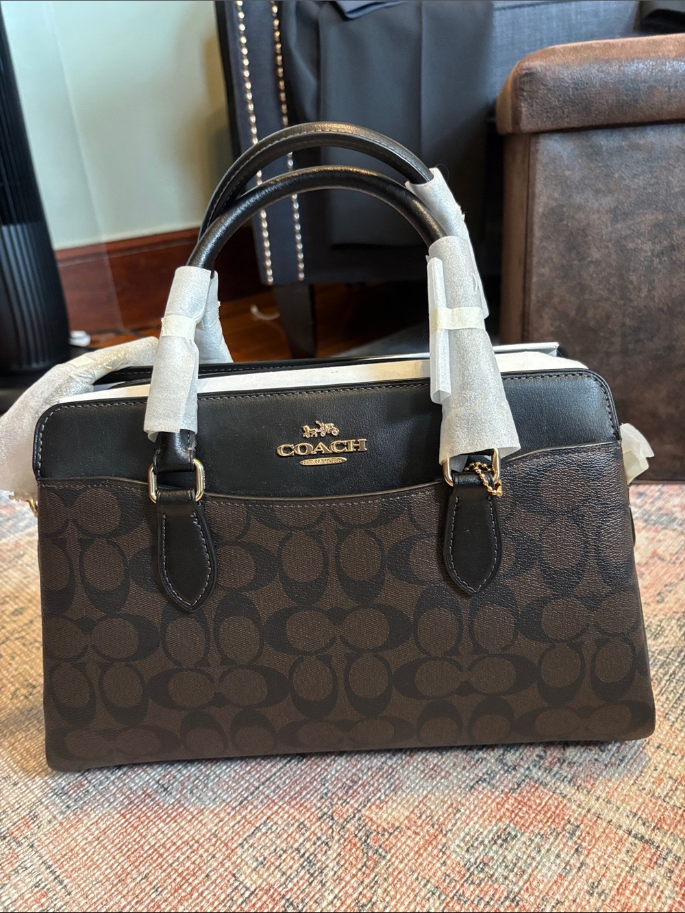 BRAND NEW Coach Brown and Black Signature Satchel with Gold Hardware